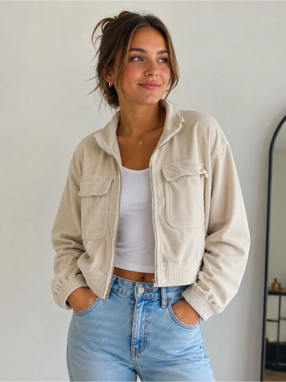 Aerie Cream Corduroy Cropped Zip Front Jacket | Utility Shacket Sz small